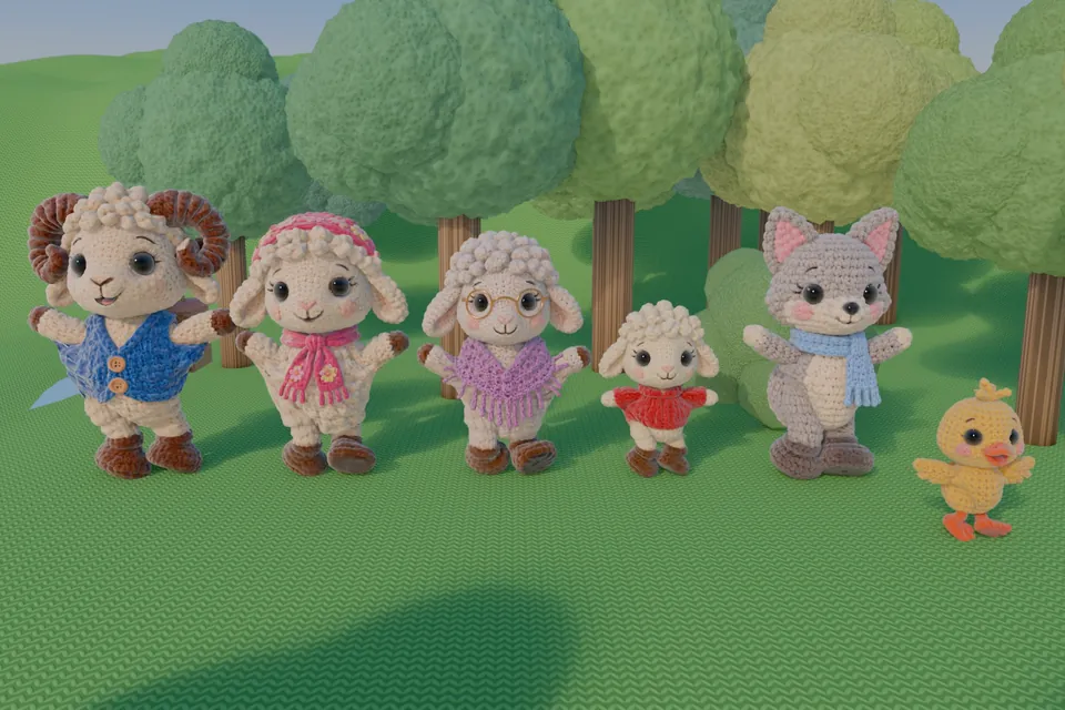 La famille et Filou le loup sous les arbres pompons de la forêt